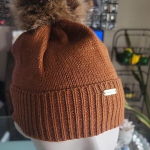 Steve Madden Brown Knit Beanie with Faux Fur Pom-Pom